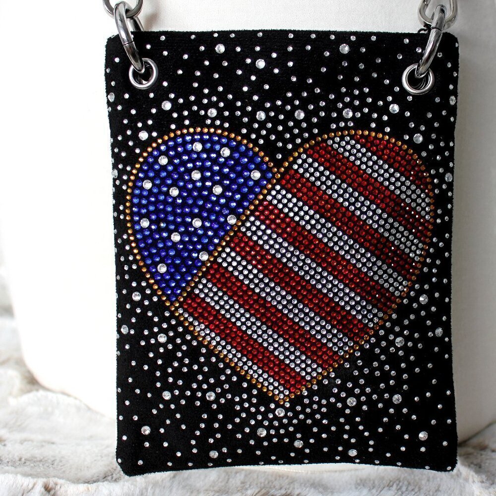Patriotic Red White Blue Rhinestone Bling Black Hobo Crossbody Mini Phone Bag - Picture 7 of 14